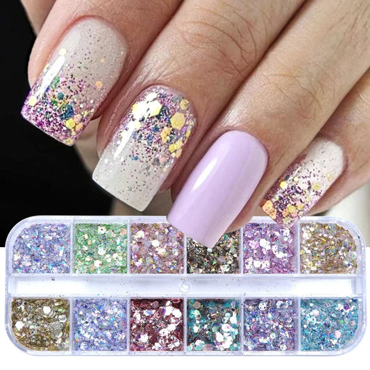 Iridescent Mixed Hexagon Nail Glitter Sequins Holo Flakes Nail Art Powder Gel Polish Paillette Manicure Accessories LADJ01-12-2