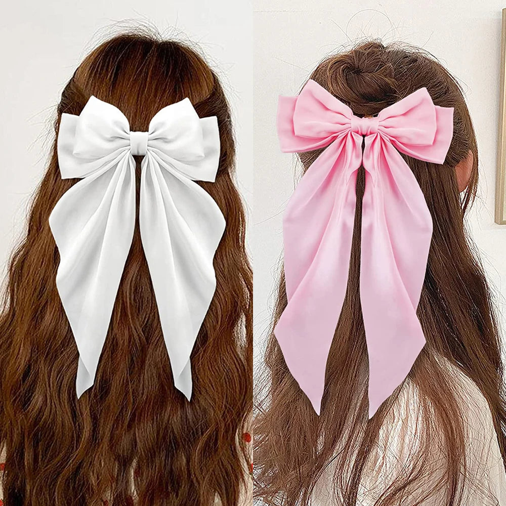 2Pcs/Set Elegant Bow Ribbon Hair Clip Women Fashion Solid Bowknot Satin Hairpin Barrettes Girls Ponytail Clip Hair Accessories