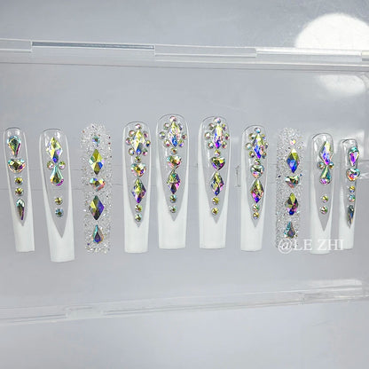 Luxury AB Full Diamond Press on Nails Art French XXL Long Coffin Sparkle Rhinestone Birthday Party Gift Customizable Nails Art