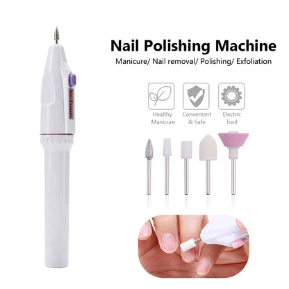 Professional Electric Nail File Drill, Nail Art Salon Manicure Pen Tool, 5 Bits/Set Polish, Feet Care Product