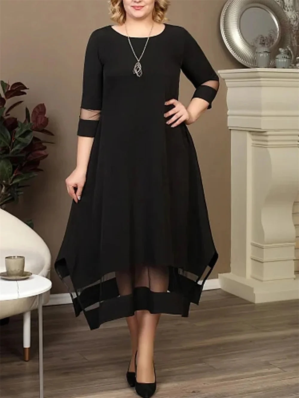 GIBSIE Plus Size Black Contrast Mesh Splicing Long Dress Women Summer O-Neck 3/4 Sleeve Elastic Knitted Elegant A-Line Dresses