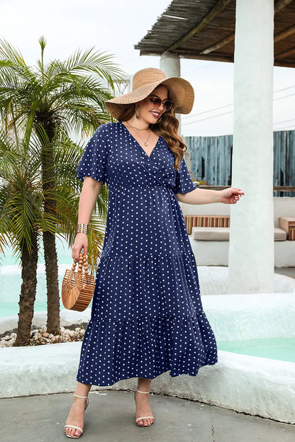 GIBSIE Plus Size Polka Dot V-Neck Butterfly Sleeve Dress Women Summer 2024 Holiday Beach Vintage Ruffle Hem Maxi Long Dresses