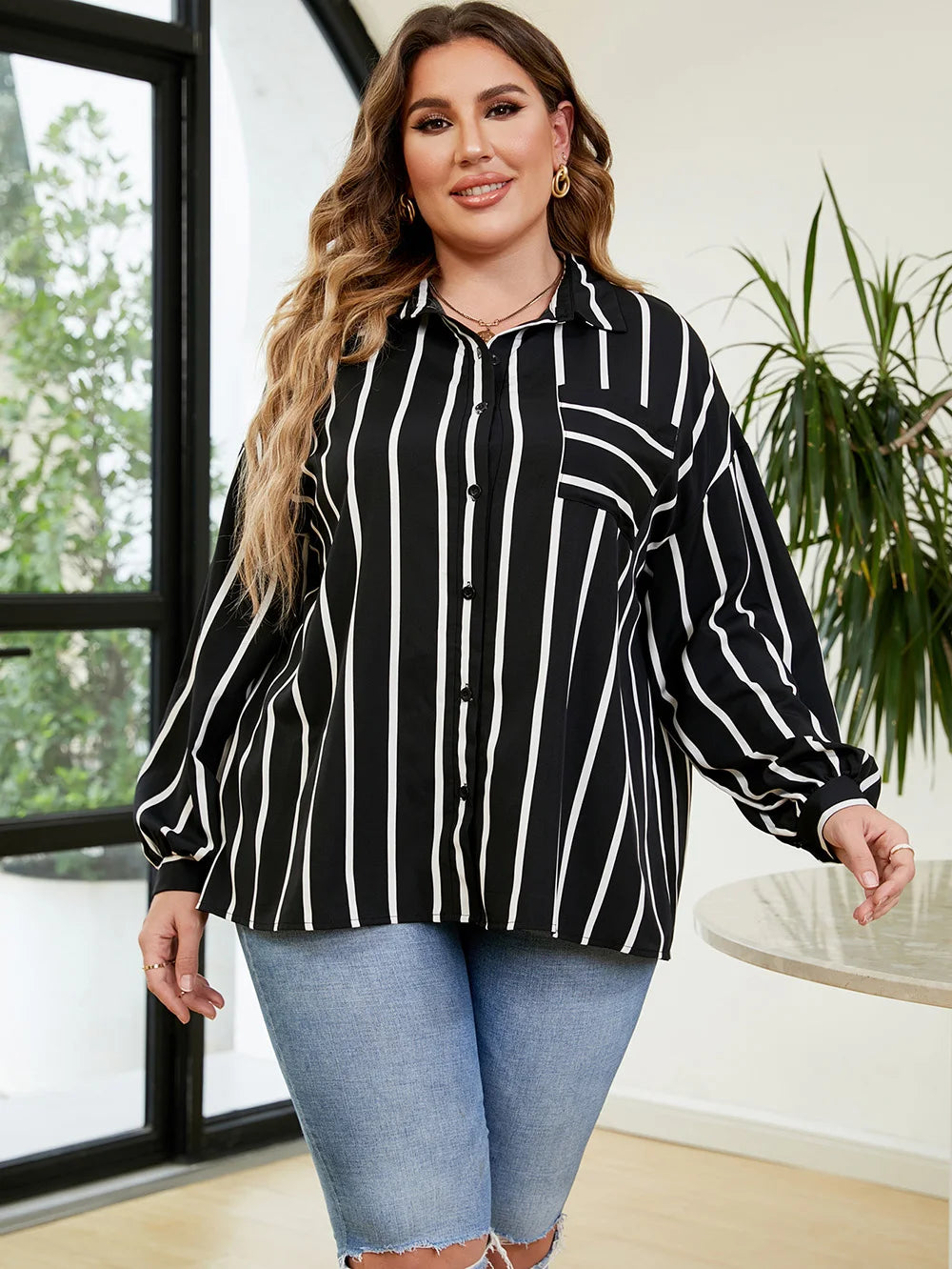 GIBSIE Plus Size Women Shirt 2023 Striped Long Sleeve Button Up Blouse Big Size Women Spring Fall Casual Korean Shirt Tops