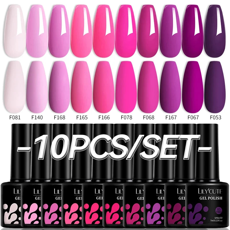 LILYCUTE 10PCS/Set Gel Nail Polish Set Pink Purple Nail Gel Semi Permanent UV LED Varnish Nail Art Design Soak Off Nail Gel Set