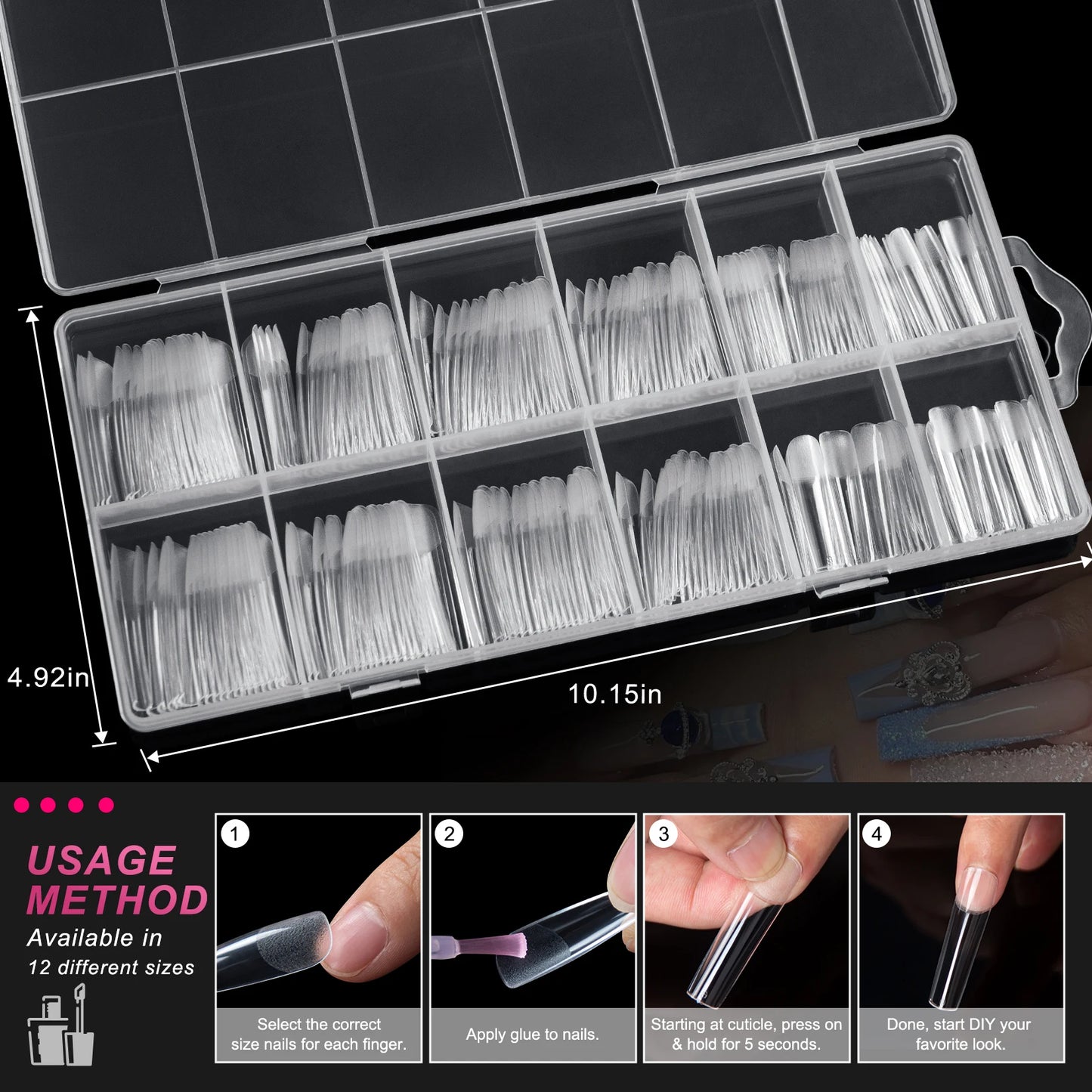 240PCS Full Cover Nail Tips Acrylic Nails Professional 12 Sizes Straight False Nail Half Matte Press On Nail Extension