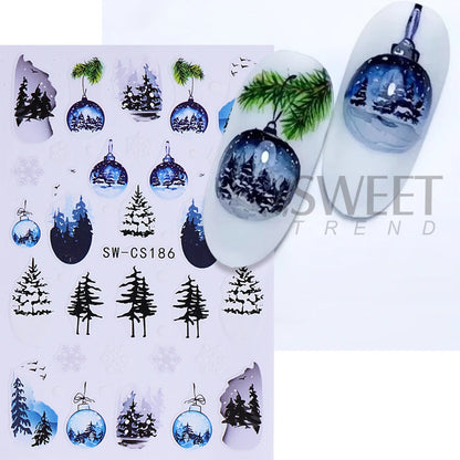 3D Christmas Nail Art Stickers Cute Cartoon Snowman Decals Reindeer Snowflake Lamp Ball Sliders Holiday DIY Manicure Decorations