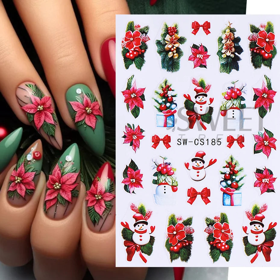 3D Christmas Nail Art Stickers Cute Cartoon Snowman Decals Reindeer Snowflake Lamp Ball Sliders Holiday DIY Manicure Decorations