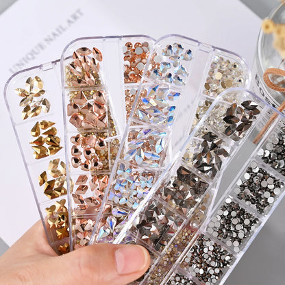 12Grids Mixed-Shape Gold Diamond Nail Rhinestones Non Hot Fix Flatback Crystal Charms 3D Glitter Nail Rhinestones Maincure Decor