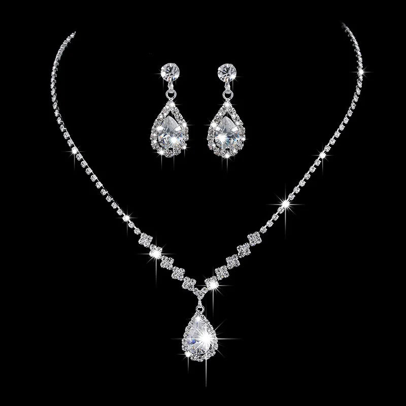 Luxury Crystal Bride Jewelry Set Rhinestone Wedding Dress Banquet Zircon Chain Necklace Dangle Earring Sets Ladies Accessories