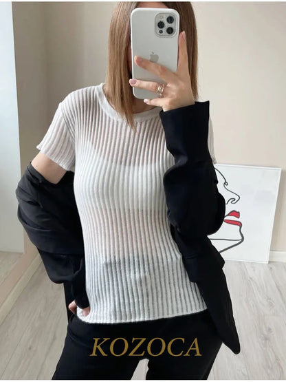 Kozoca 100% Wool Chic White Elegant Striped See Through Women Tops Outfits Short Sleeve T-Shirts Tees Skinny Club Party Clothes