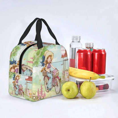 Cute Sarah Kay Girl Bike Ride Lunch Boxes Accessories Cartoon Village Life Thermal Cold Food Picnic Travel Lunch Bag Insulated