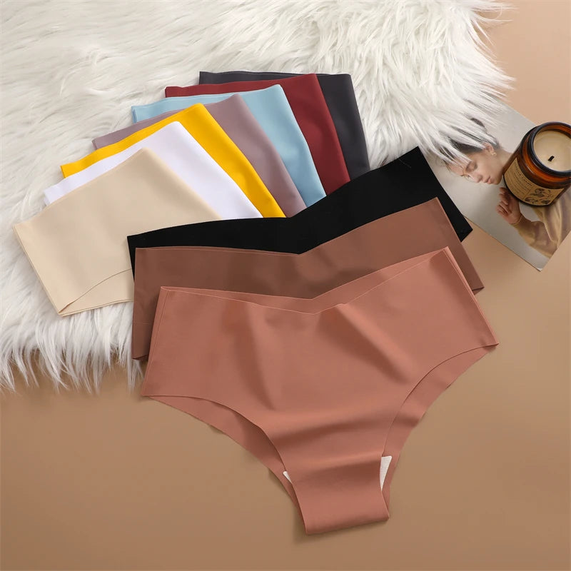 FINETOO 3PCS Ultra-thin Women's Seamless Underwear Panties Sexy V-Shaped Waist Briefs 10 Soild Colours Cozy Stretch Underpants