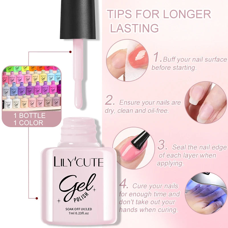 LILYCUTE 3Pcs Nail Gel Polish Set Nude Pink Glitter Sequins Semi Permanent Soak Off Varnish Nails Art Base Top Coat Kits