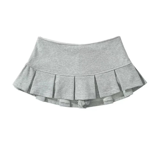 2024 Terry Fabric Y2K Mini Skirt Women Low Waist Wide Pleat Light Grey Sexy Vintage A-line Pleated Skirt Casual Skort Summer