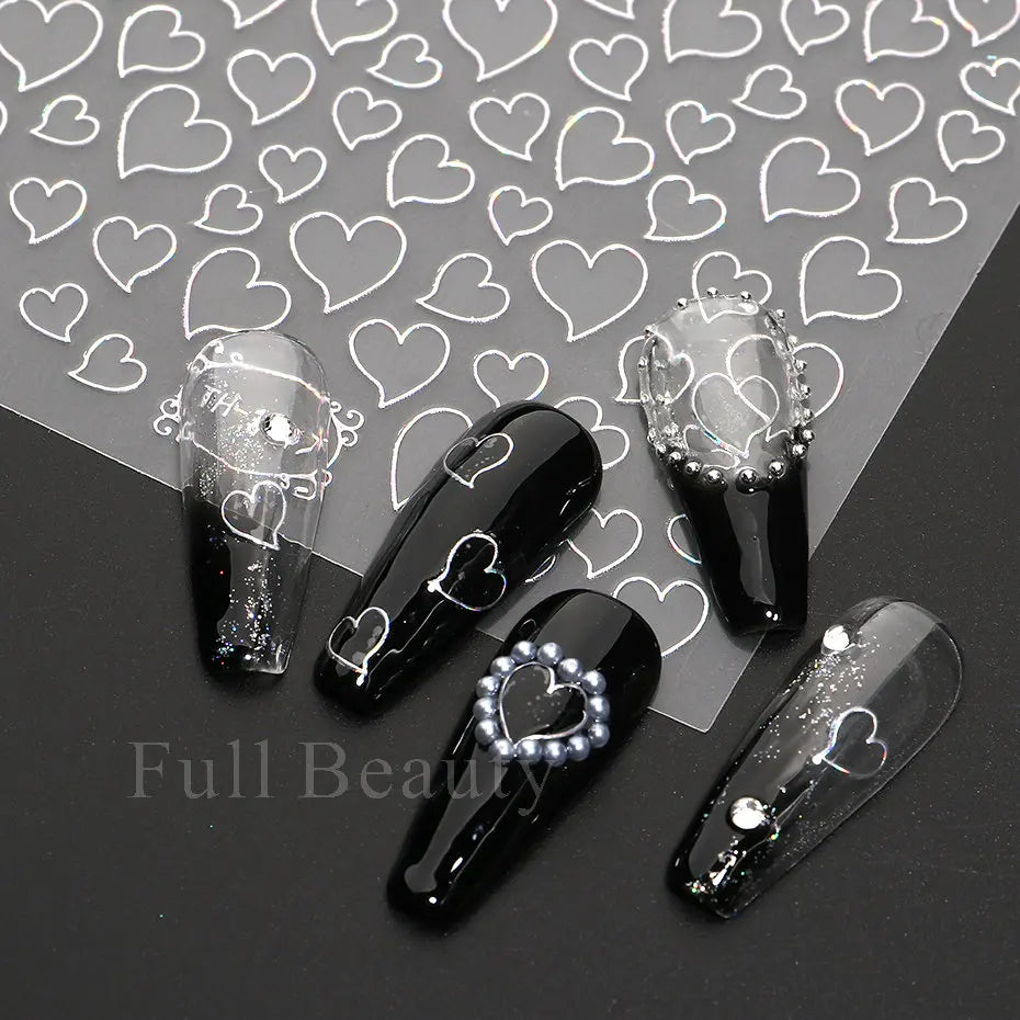 3D Holographic Silver Wave Lines Nail Sticker Decor Laser Heart Star Moon Adhesive Sliders Metal Geometry Stripe Manicure TH182