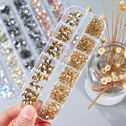 12Grids Mixed-Shape Gold Diamond Nail Rhinestones Non Hot Fix Flatback Crystal Charms 3D Glitter Nail Rhinestones Maincure Decor