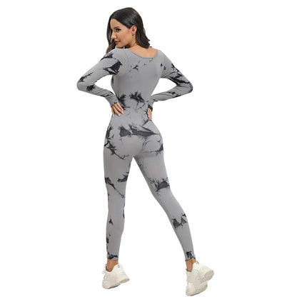 Tie Dye Women's Yoga Bodysuit Fitness Ribbed Long Sleeve Exercise Bodysuit