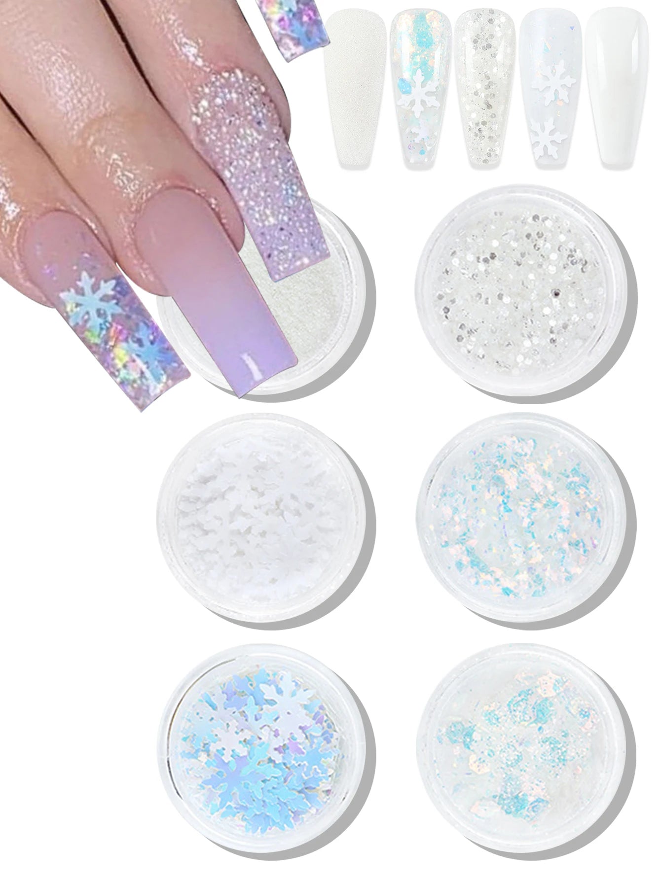 6pcs/set Christmas White Sequins Nail Art Glitter Powder Mermaid Dust Small Flakes Decorations For DIY Nails Glitters