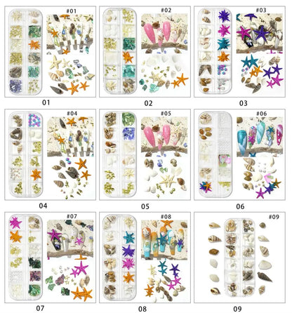 12-Grids Shell Starfish Conch Stone Nail Art Charms Sea Series 3D Irregular Slice Fragments Flakes Nail Art Rhinestones