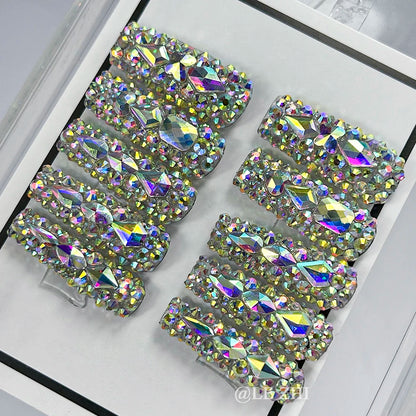 Luxury AB Full Diamond Press on Nails Art French XXL Long Coffin Sparkle Rhinestone Birthday Party Gift Customizable Nails Art