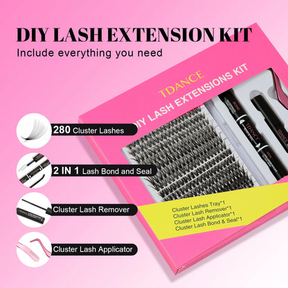 TDANCE 280PCS DIY Mix Clusters Kit 30D/40D Lash Bond and Seal and Remover Accessories Self-Grafting EyeLashes Extension At Home