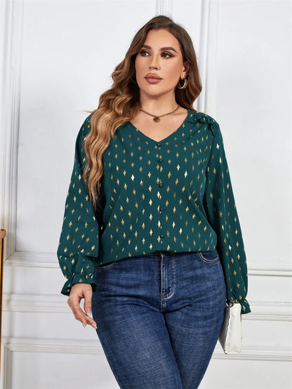 GIBSIE Plus Size Gold Print Frill Trim V-Neck Blouse Women Spring Fall Buttons Casual Long Sleeve Ladies Tops And Blouses 2023