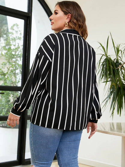 GIBSIE Plus Size Women Shirt 2023 Striped Long Sleeve Button Up Blouse Big Size Women Spring Fall Casual Korean Shirt Tops