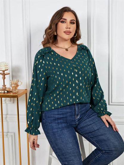 GIBSIE Plus Size Gold Print Frill Trim V-Neck Blouse Women Spring Fall Buttons Casual Long Sleeve Ladies Tops And Blouses 2023