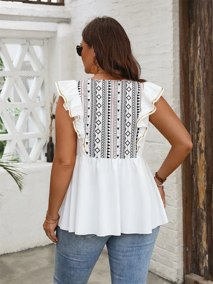 GIBSIE Plus Size Ethnic Print Tassel Tie Neck Peplum Top Women Summer Holiday Boho Casual Sleeveless Ruffle Trim Blouses 2024