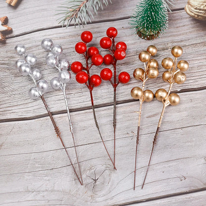 Artificial Berries Red Gold Silver Fake Berries Branch Cherry Stamen Christmas DIY Floral Wreath Ornament New Year Party Decor