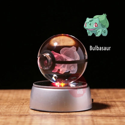 Pokemon 3D Crystal Ball Pikachu Figure Pokeball Engraving Crystal Charizard Model with Led Light Base Toys Anime Christmas Gift