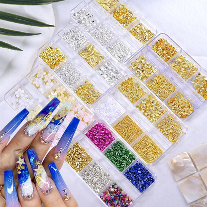 6Grids Gold Nail Art Alloy Studs Seaside 3D Decoration Sea Shell Star Pearl Charm Metal Frame Rivets Nail Rhinestone Accessories