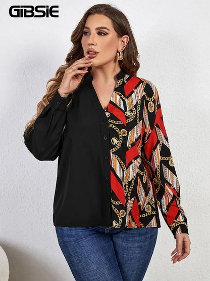 GIBSIE Plus Size Notched Neck Chain Print Colorblock Women Shirts 2023 Spring Fall Fashion High Street Long Sleeve Tops Blouses