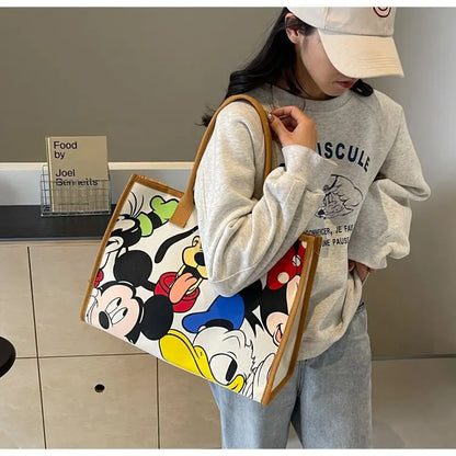 Disney Mickey Cartoon Cute Canvas Shoulder Bag Large Capacity Tote Bag Women's Fashion Mummy Bag Leisure Travel