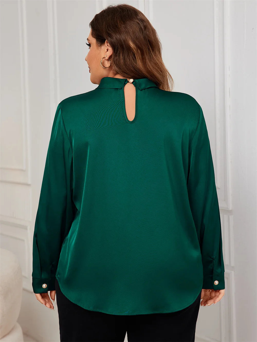 GIBSIE Plus Size Keyhole Long Sleeve Green Shirt Women Autumn New Solid Elegant Office Ladies Satin Tops And Blouses 2024