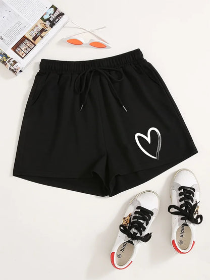 Heart Print Drawstring Shorts, Casual Shorts For Spring & Summer, Women's Clothing