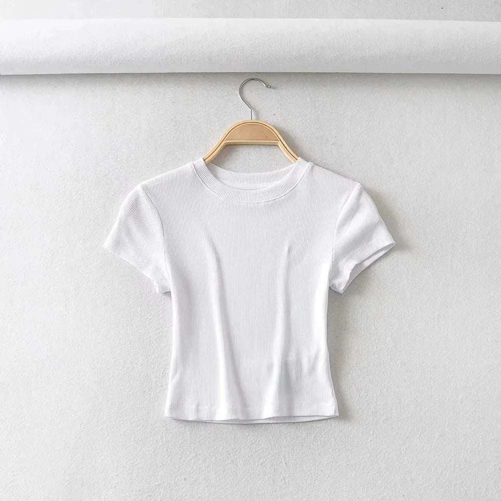 Summer Sexy Women O-neck Short-sleeve T-shirt Slim Elastic Skinny Crop Tops