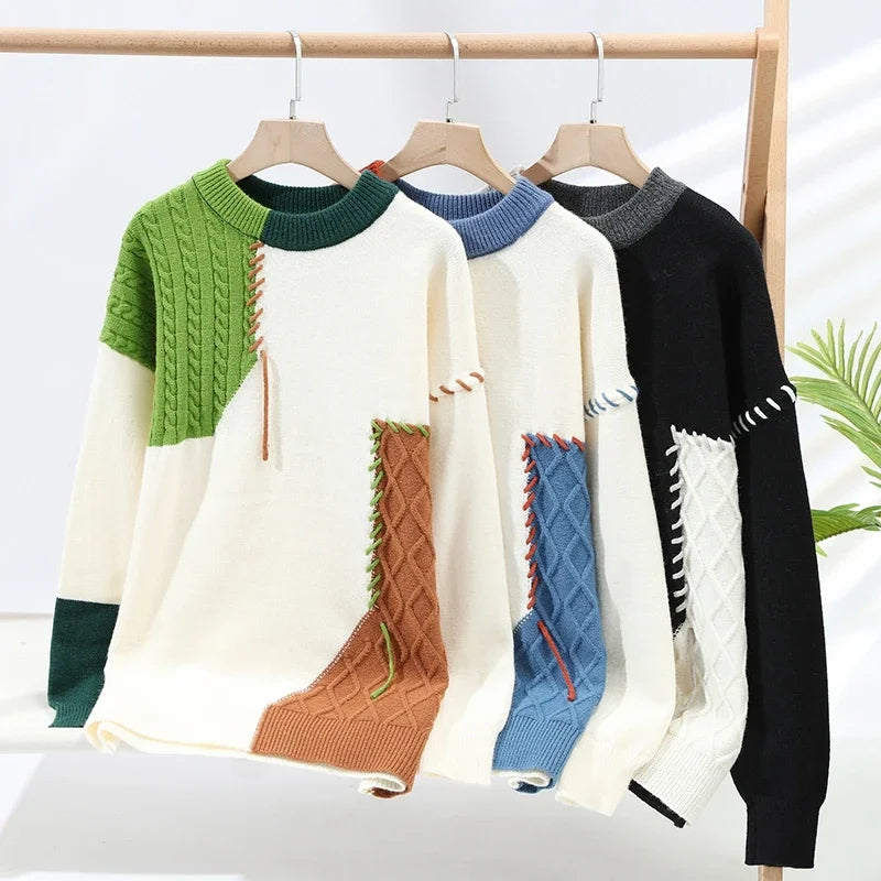 2023 New Patchwork Sweater Trend High Street Fashion Autumn and Winter Warm Men's Top Hip-hop Street Clothing