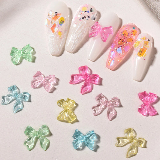 50pcs Jelly Ribbon Bow Nail Art Charm Summer Candy Color Sweety Aurora Ribbon Bow Nail Decoration DIY Kawaii Nail Art Parts