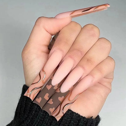 24Pcs Long Square Press on Nails Love Pattern Design Artifical Coffin False Nail Brown French Wearable Full Cover Fake Nail Tips