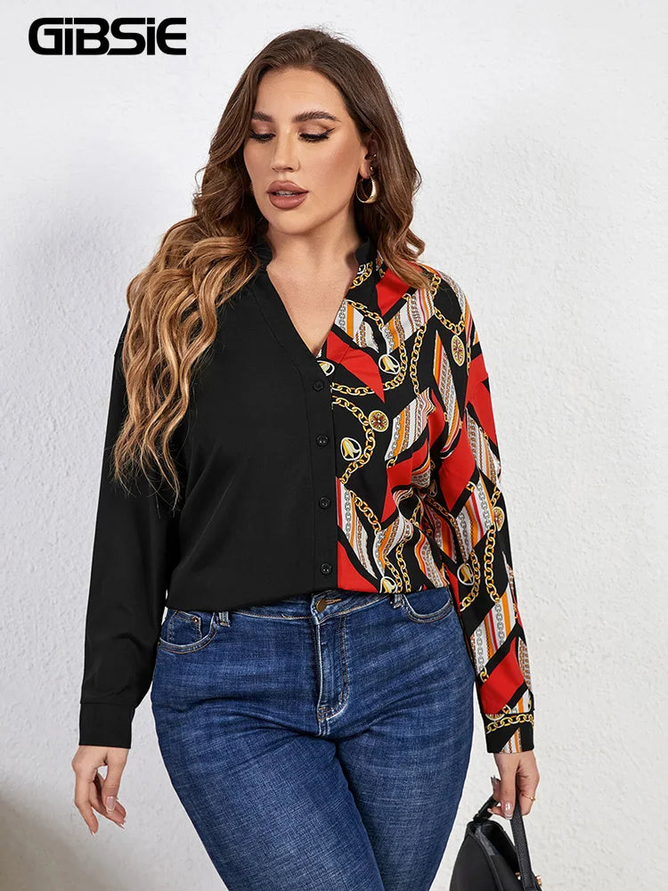 GIBSIE Plus Size Notched Neck Chain Print Colorblock Women Shirts 2023 Spring Fall Fashion High Street Long Sleeve Tops Blouses