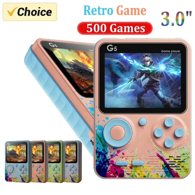 G5 Retro Handheld Game Console With 500 Classic Games 3.0Inch Screen Portable Gamepad Macaron Color 1020mAH Rechargeable Battery