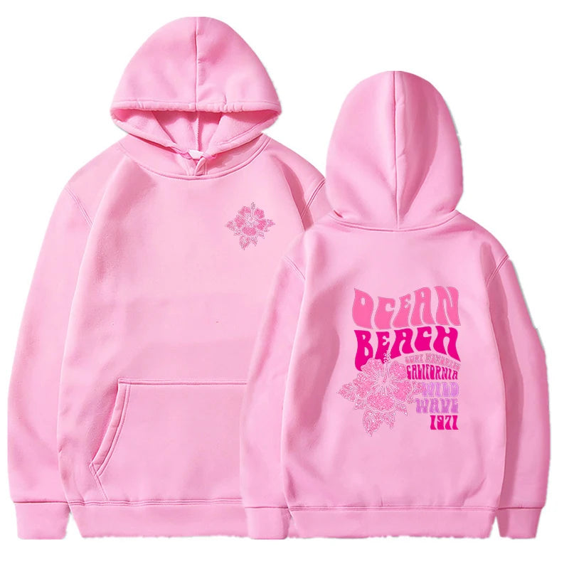 Women Fashion Casual Hoodies Ocean Beach Flower Slogan Front and Back Pink Sweatshirts Beach Aesthetic Pullover Trip Hoodie Tops