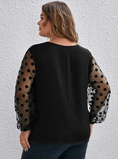 GIBSIE Plus Size Notch Neck Polka Dot Mesh Sleeve Blouse Women 2023 Winter New Black Elegant Office Ladies Tops and Blouses