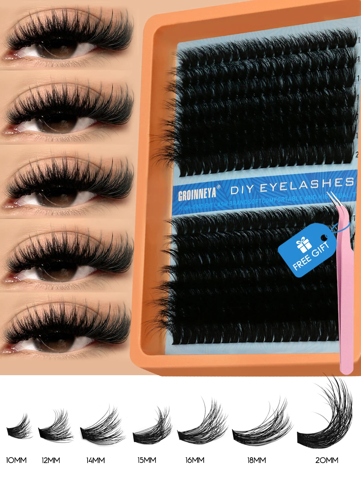 GROINNEYA Cluster Lashes Kit Fluffy Individual Lashes Volume Mixed Tray Faux Mink Lashes Eyelash Extension Makeup