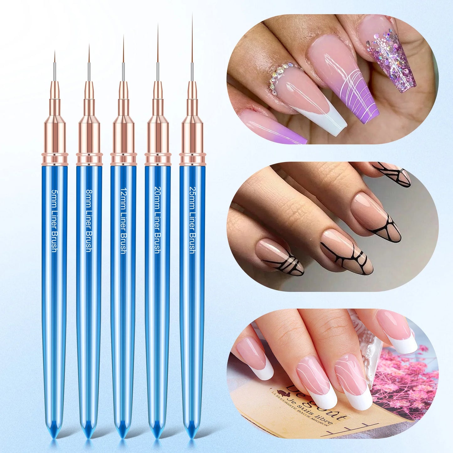 5pcs/Set Acrylic French Stripe Nail Art Line Painting Pen 3D Tips Manicure slim Line Drawing Pen UV Gel Brushes Painting Tools