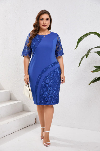 GIBSIE Plus Size Embroidered Lace Half Sleeve O-Neck Dress Women's Summer Autumn Cocktail Party Elegant Bodycon Midi Dresses