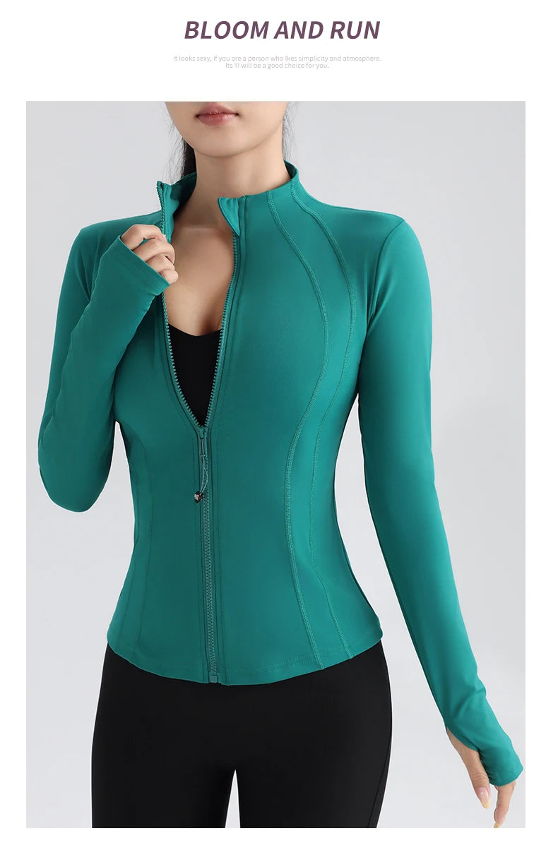 Gym Women's Full Zip Yoga Top With Thumbholes Fitness Running Jacket Stretch Fit Long Sleeve Round Neck Top Sportswear