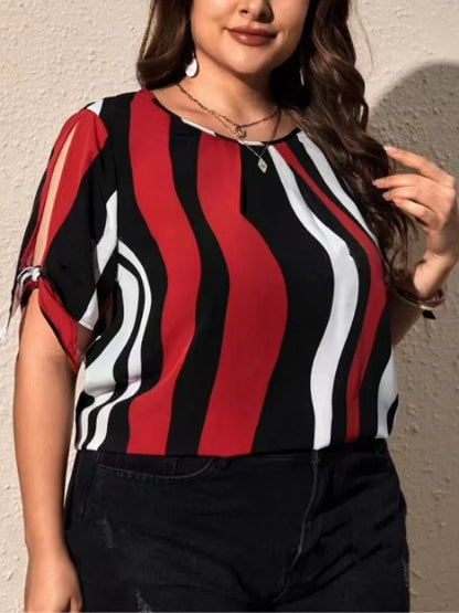 GIBSIE Plus Size Striped Short Sleeve Slit Tie O-Neck Women Blouses Fashion 2024 Summer Korean Female Casual Loose Tops Clothing