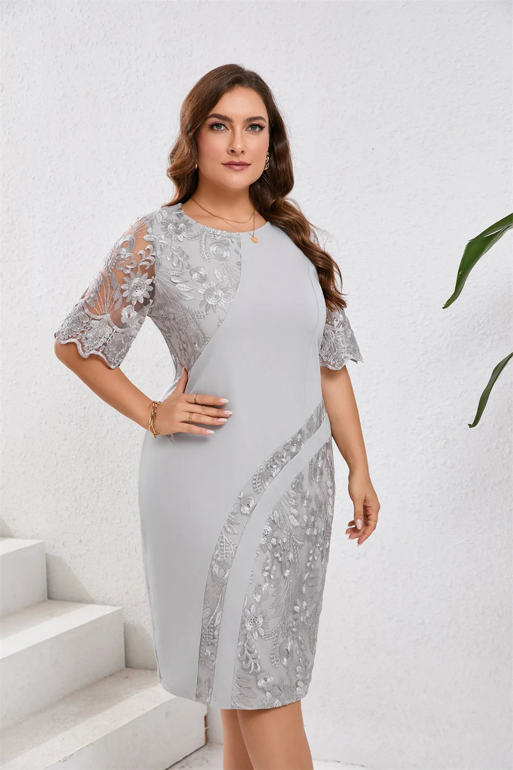 GIBSIE Plus Size Embroidered Lace Half Sleeve O-Neck Dress Women's Summer Autumn Cocktail Party Elegant Bodycon Midi Dresses